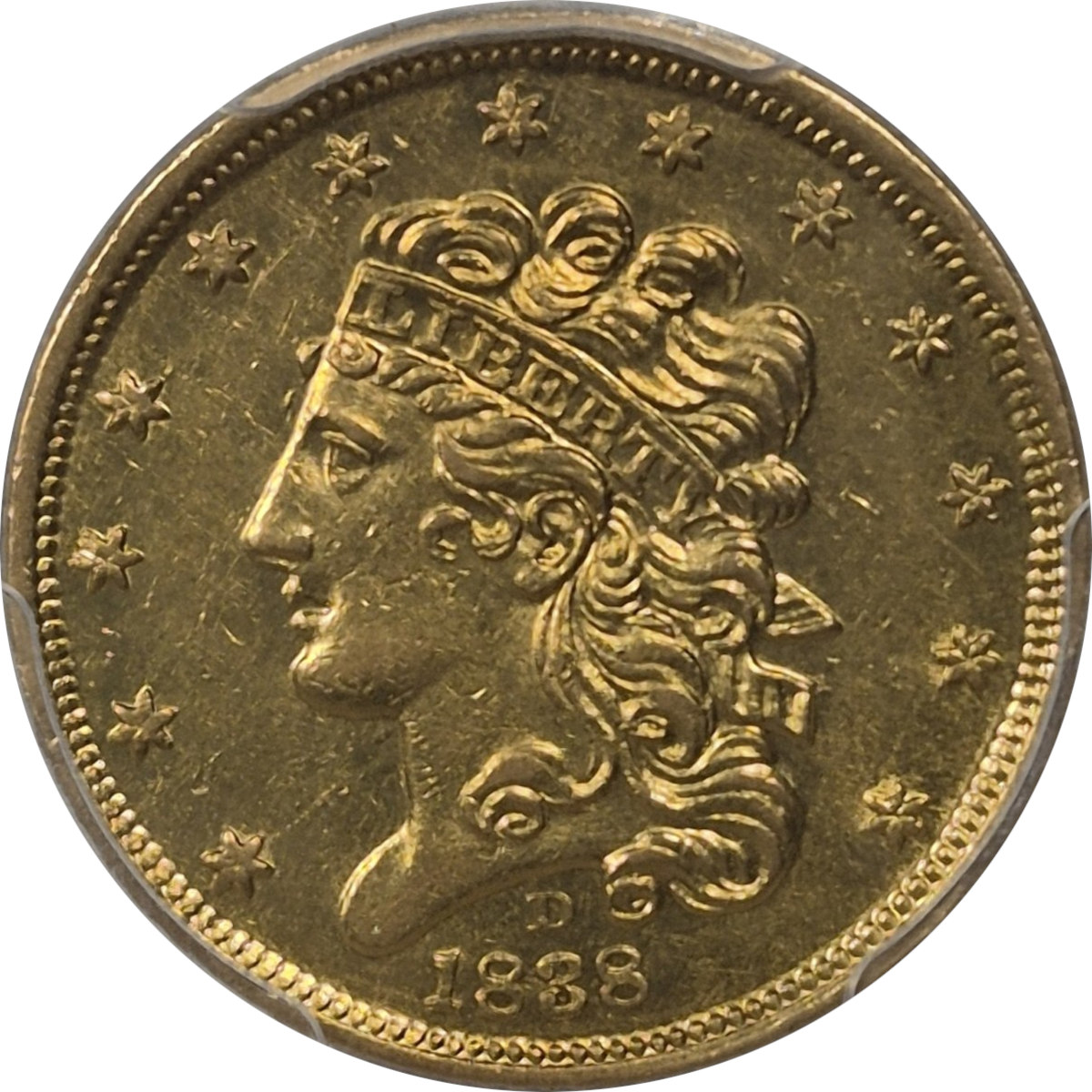 1838-D-$5-Classic-Head-First-Year-Dahlonega-Mint-Half-Eagle-#2-Hm-1,-Winter-1A,-R3